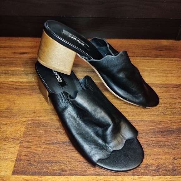 Kensie Hajari Genuine Black Leather Heeled Sandals - Picture 2 of 12